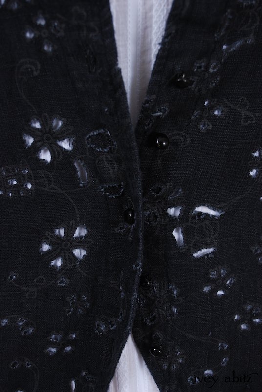 Midsummer Look 8 - Blanchefleur Frock in White Embroidered Striped Voile; Elsie Duster Coat in Black Rustic Eyelet Linen by Ivey Abitz