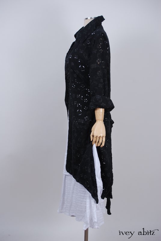Midsummer Look 8 - Blanchefleur Frock in White Embroidered Striped Voile; Elsie Duster Coat in Black Rustic Eyelet Linen by Ivey Abitz