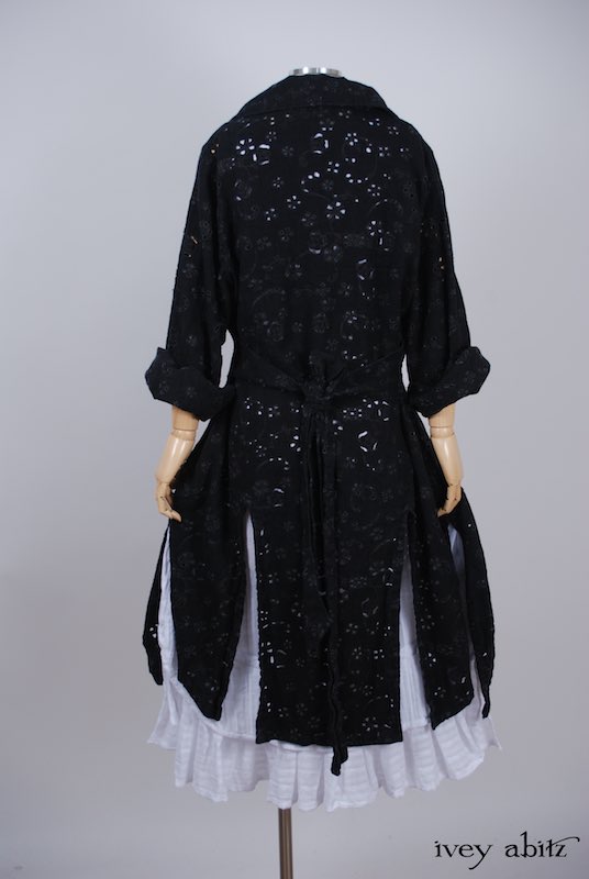 Midsummer Look 8 - Blanchefleur Frock in White Embroidered Striped Voile; Elsie Duster Coat in Black Rustic Eyelet Linen by Ivey Abitz