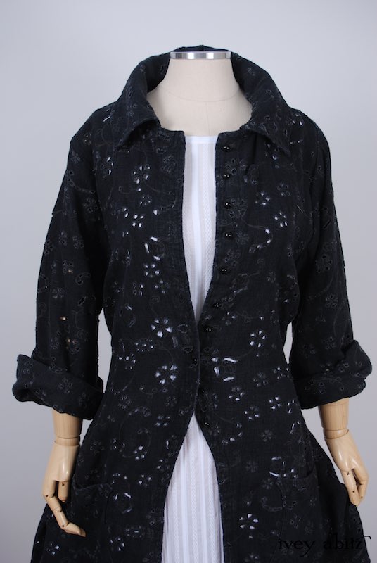 Midsummer Look 8 - Blanchefleur Frock in White Embroidered Striped Voile; Elsie Duster Coat in Black Rustic Eyelet Linen by Ivey Abitz