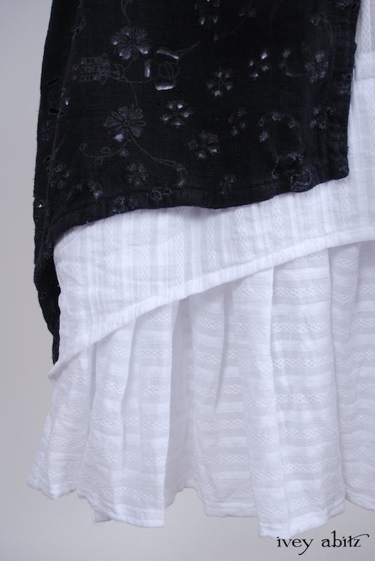 Midsummer Look 8 - Blanchefleur Frock in White Embroidered Striped Voile; Elsie Duster Coat in Black Rustic Eyelet Linen by Ivey Abitz