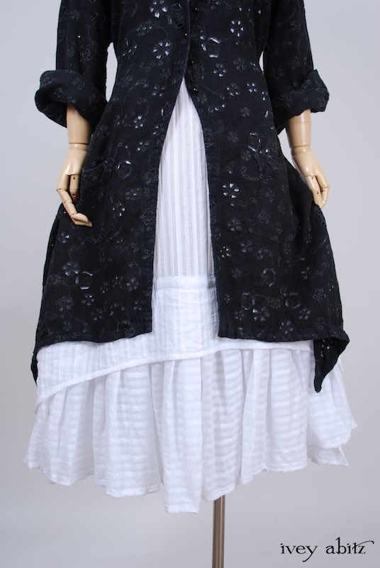 Midsummer Look 8 - Blanchefleur Frock in White Embroidered Striped Voile; Elsie Duster Coat in Black Rustic Eyelet Linen by Ivey Abitz