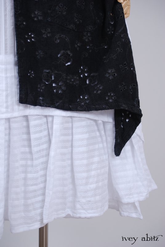 Midsummer Look 8 - Blanchefleur Frock in White Embroidered Striped Voile; Elsie Duster Coat in Black Rustic Eyelet Linen by Ivey Abitz