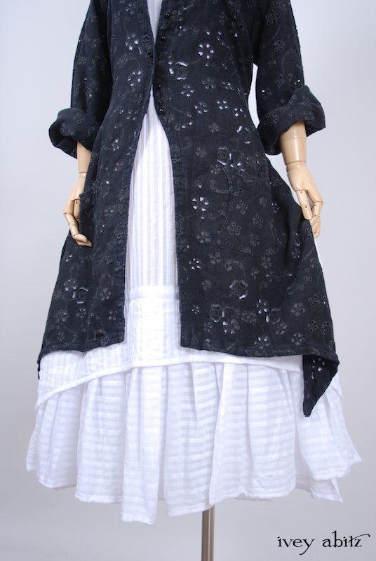 Midsummer Look 8 - Blanchefleur Frock in White Embroidered Striped Voile; Elsie Duster Coat in Black Rustic Eyelet Linen by Ivey Abitz