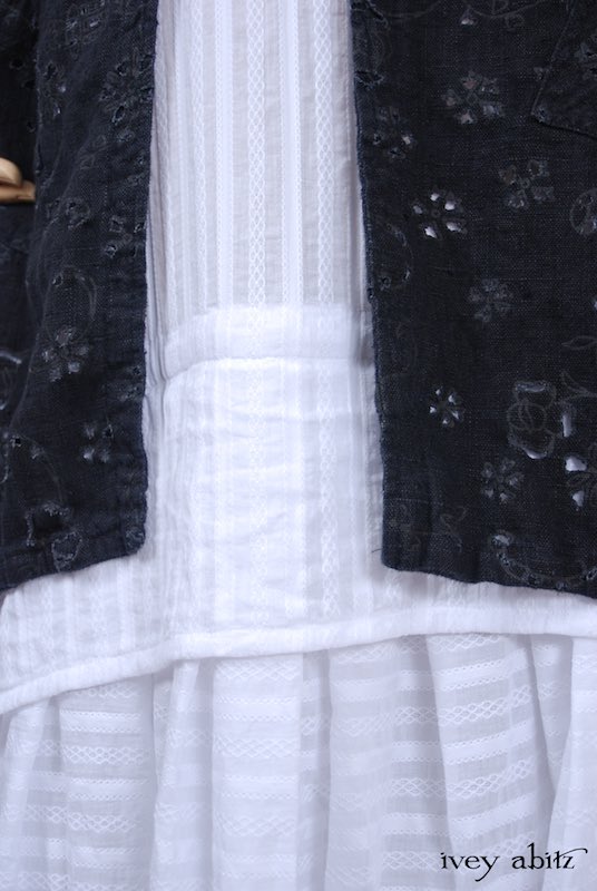 Midsummer Look 8 - Blanchefleur Frock in White Embroidered Striped Voile; Elsie Duster Coat in Black Rustic Eyelet Linen by Ivey Abitz