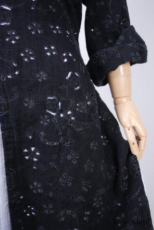 Midsummer Look 8 - Blanchefleur Frock in White Embroidered Striped Voile; Elsie Duster Coat in Black Rustic Eyelet Linen by Ivey Abitz