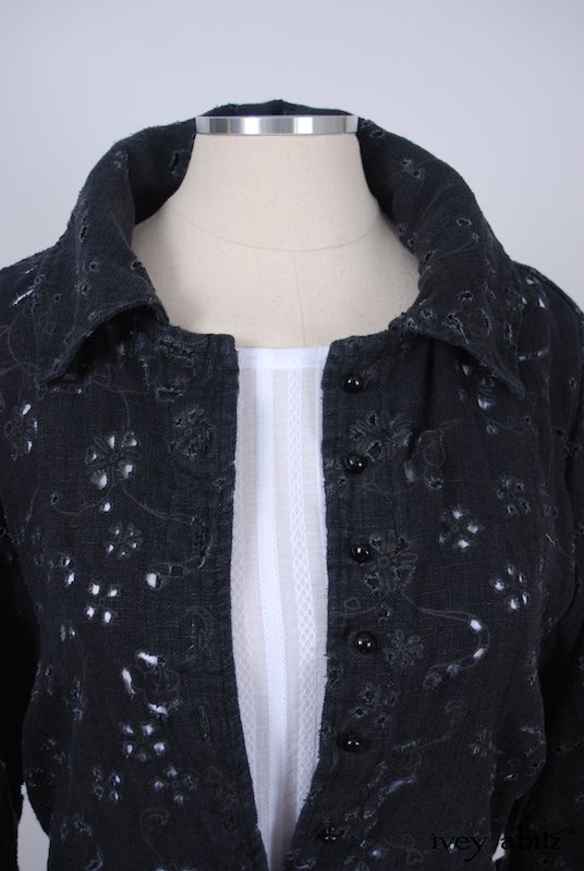 Midsummer Look 8 - Blanchefleur Frock in White Embroidered Striped Voile; Elsie Duster Coat in Black Rustic Eyelet Linen by Ivey Abitz