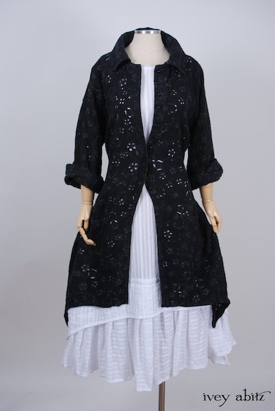 Midsummer Look 8 - Blanchefleur Frock in White Embroidered Striped Voile; Elsie Duster Coat in Black Rustic Eyelet Linen by Ivey Abitz