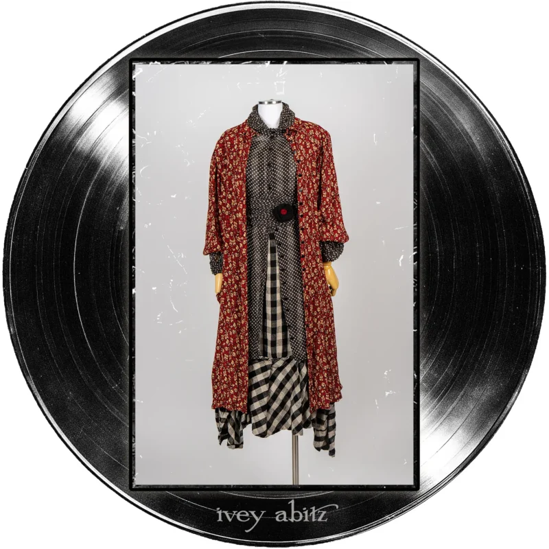 Coulson Coat Dress in Center Label Floral Silk Chiffon; Nan Shirt Jacket in Microphone Dotted Silk Chiffon; Morris Frock in Quarter Note and Half Note Plaid Weave; Tollie Sash in Microphone Dotted Silk Chiffon; Record Brooch.