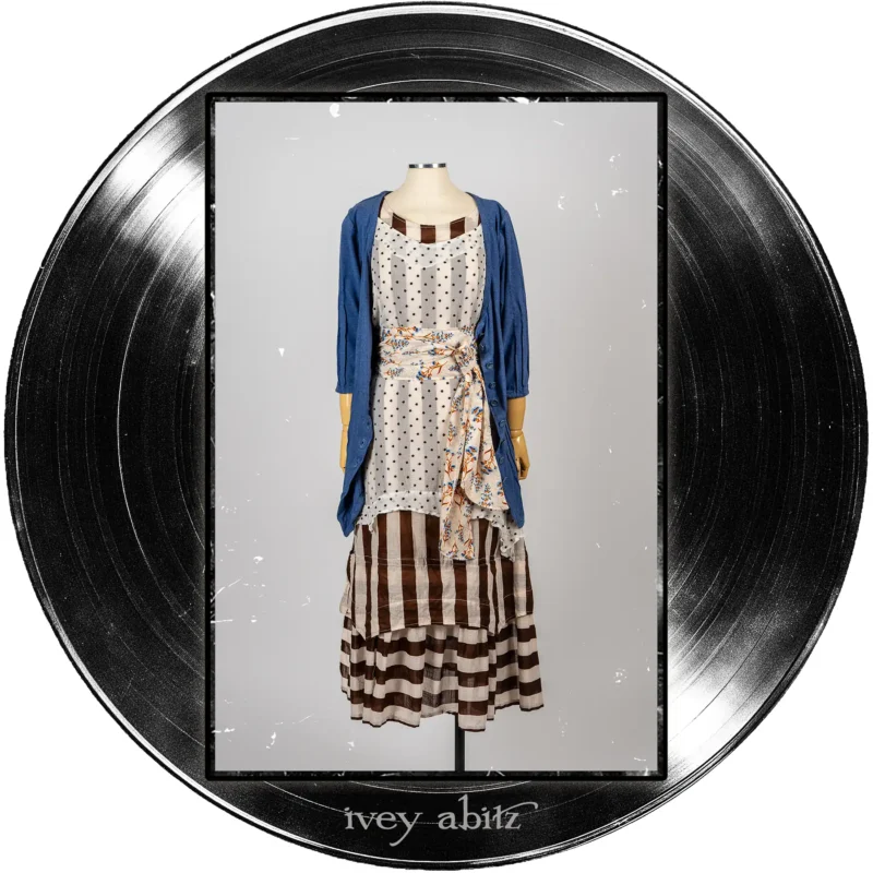 Libert&eacute; Frock in Record Case Stripe Voile; Bedloe Frock in Record Case Embroidered Dot Silk Chiffon; Blanchefleur Sash in Far Beyond Forever Floral Weave; Gweneviere Cardigan in Far Beyond Forever Heathered Knit.