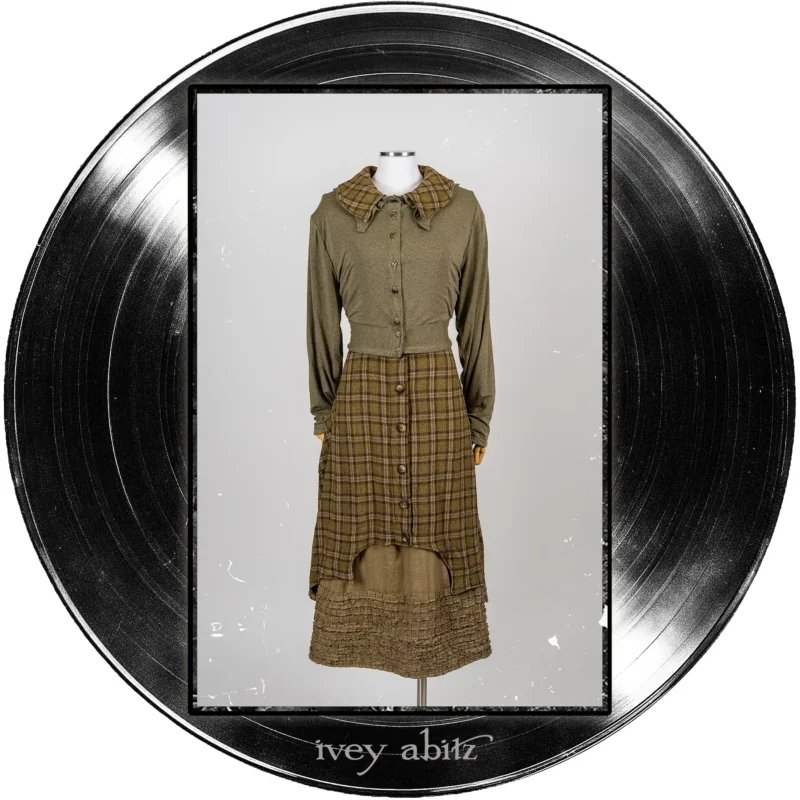 Chittister Cropped Cardigan in Major Chord Heathered Knit; Chittister Frock in Major Chord Washed Plaid Gauze; Cape Frock in Major Chord Washed Linen.