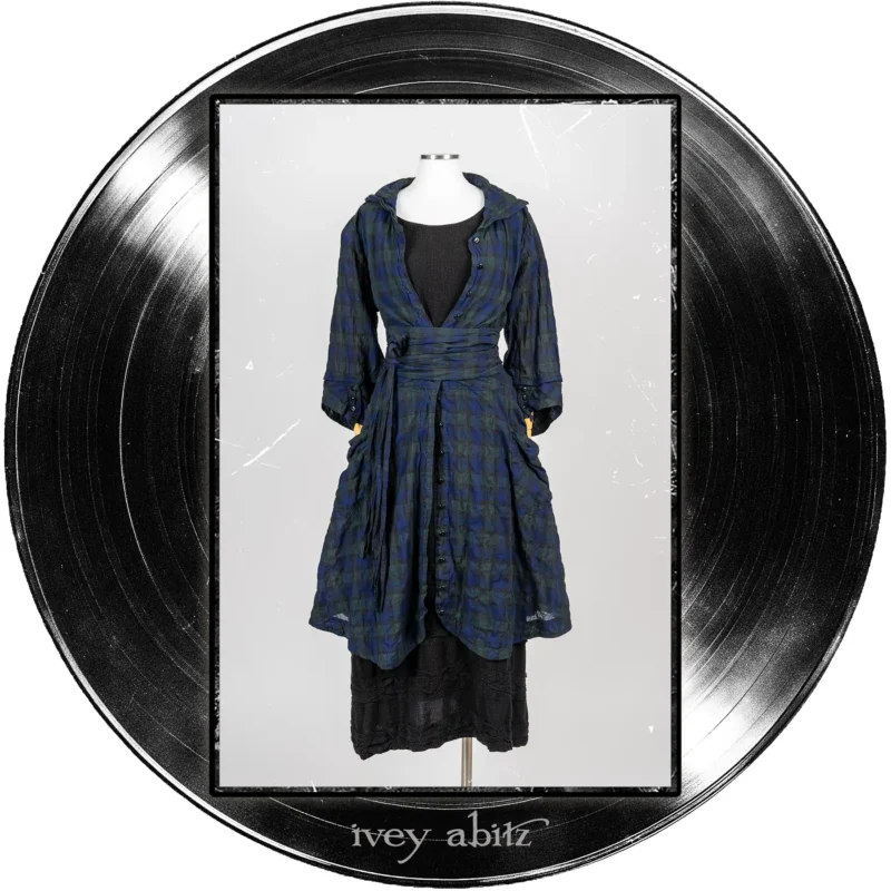 Pippi Coat Dress in Blue Note Plaid Voile; Pippi Sash in Blue Note Plaid Voile; Bertie Frock in Quarter Note Washed Check Weave.