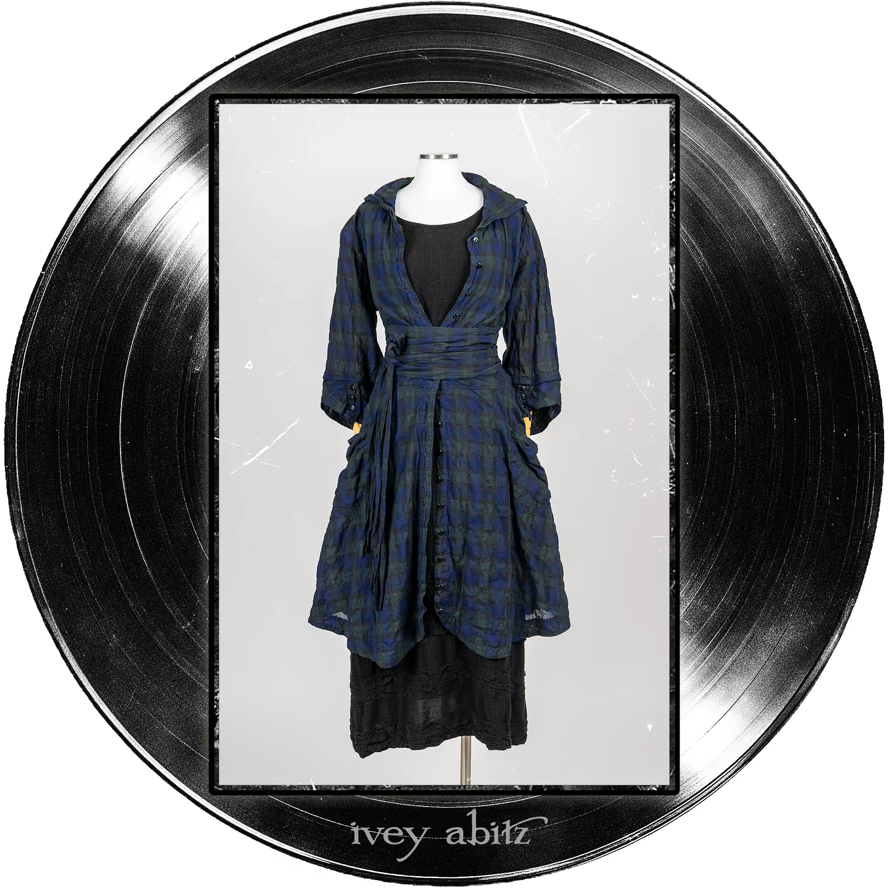 Pippi Coat Dress in Blue Note Plaid Voile; Pippi Sash in Blue Note Plaid Voile; Bertie Frock in Quarter Note Washed Check Weave.