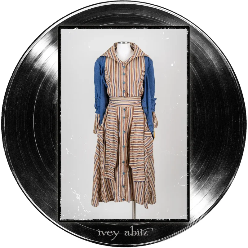 Camborne Dress in Far Beyond Forever Stripe; Gweneviere Cardigan in Far Beyond Forever Heathered Knit; Camborne Sash in Far Beyond Forever Stripe.