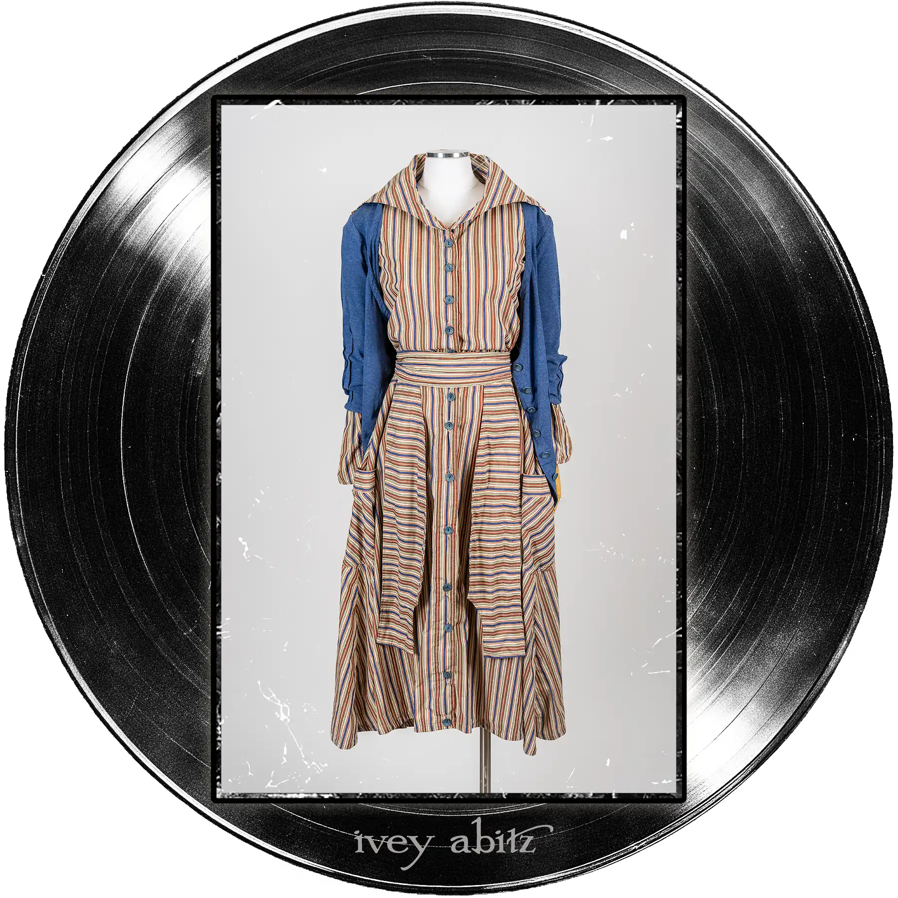 Camborne Dress in Far Beyond Forever Stripe; Gweneviere Cardigan in Far Beyond Forever Heathered Knit; Camborne Sash in Far Beyond Forever Stripe.