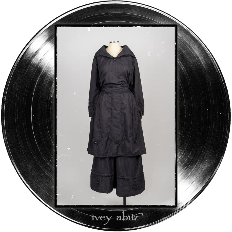 Baedeker Dress in Microphone Raised Stripe Weave; Baedeker Trousers in Microphone Raised Stripe Weave.