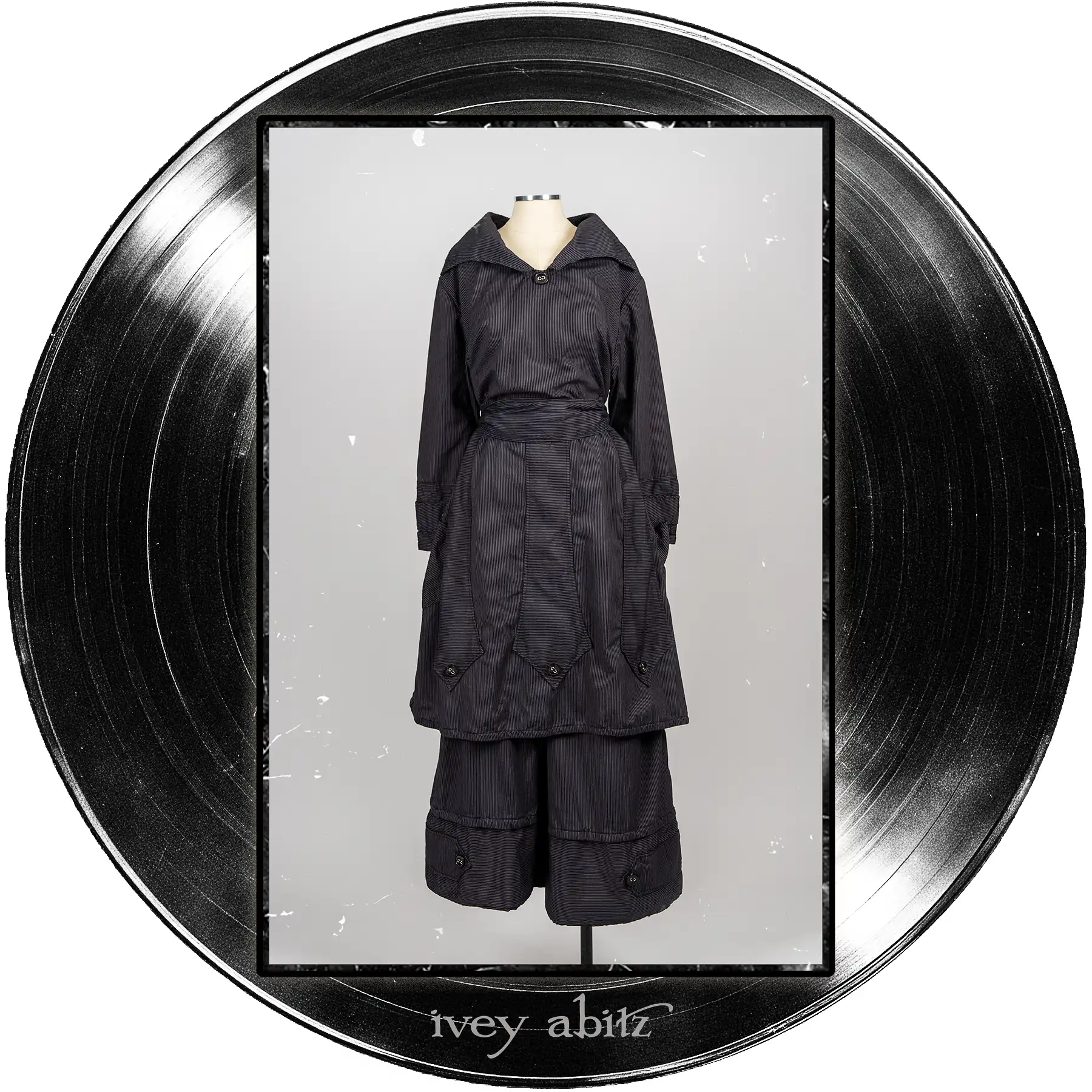 Baedeker Dress in Microphone Raised Stripe Weave; Baedeker Trousers in Microphone Raised Stripe Weave.