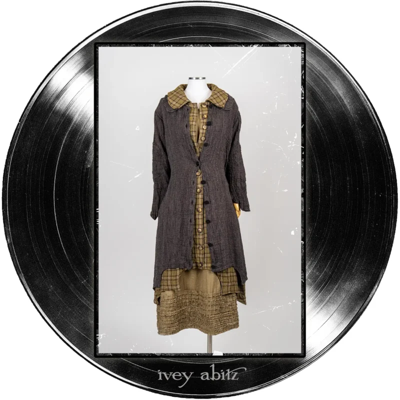 Chittister Duster Coat in Microphone and Record Case Washed Crinkled Weave; Chittister Frock in Major Chord Washed Plaid Gauze; Cape Frock in Major Chord Washed Linen.