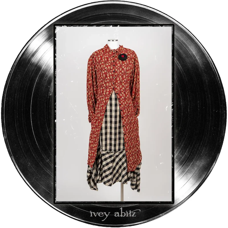 Coulson Coat Dress in Center Label Floral Silk Chiffon; Morris Frock in Quarter Note and Half Note Plaid Weave; Record Brooch.