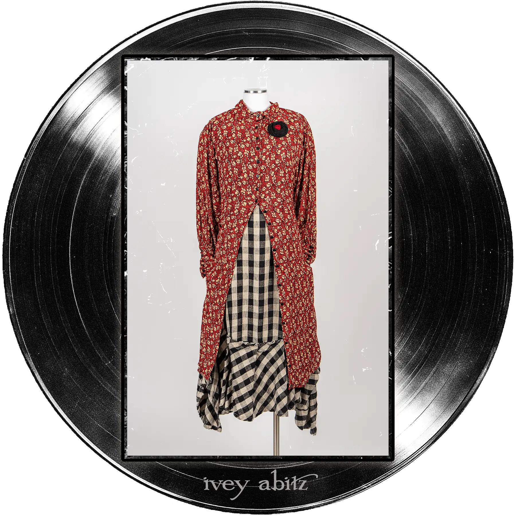 Coulson Coat Dress in Center Label Floral Silk Chiffon; Morris Frock in Quarter Note and Half Note Plaid Weave; Record Brooch.