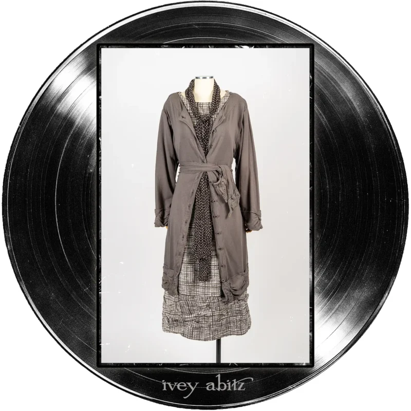 Mewland Jacket in Microphone Softest French Knit; Tollie Sash in Microphone Dotted Silk Chiffon; Fitzgerald Frock in Microphone Striated Weave.