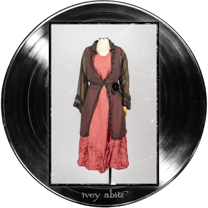 Nan Shirt Jacket in Microphone Dotted Silk Chiffon; Record Brooch; Bartholdi Frock in Center Label Speaker Weave.