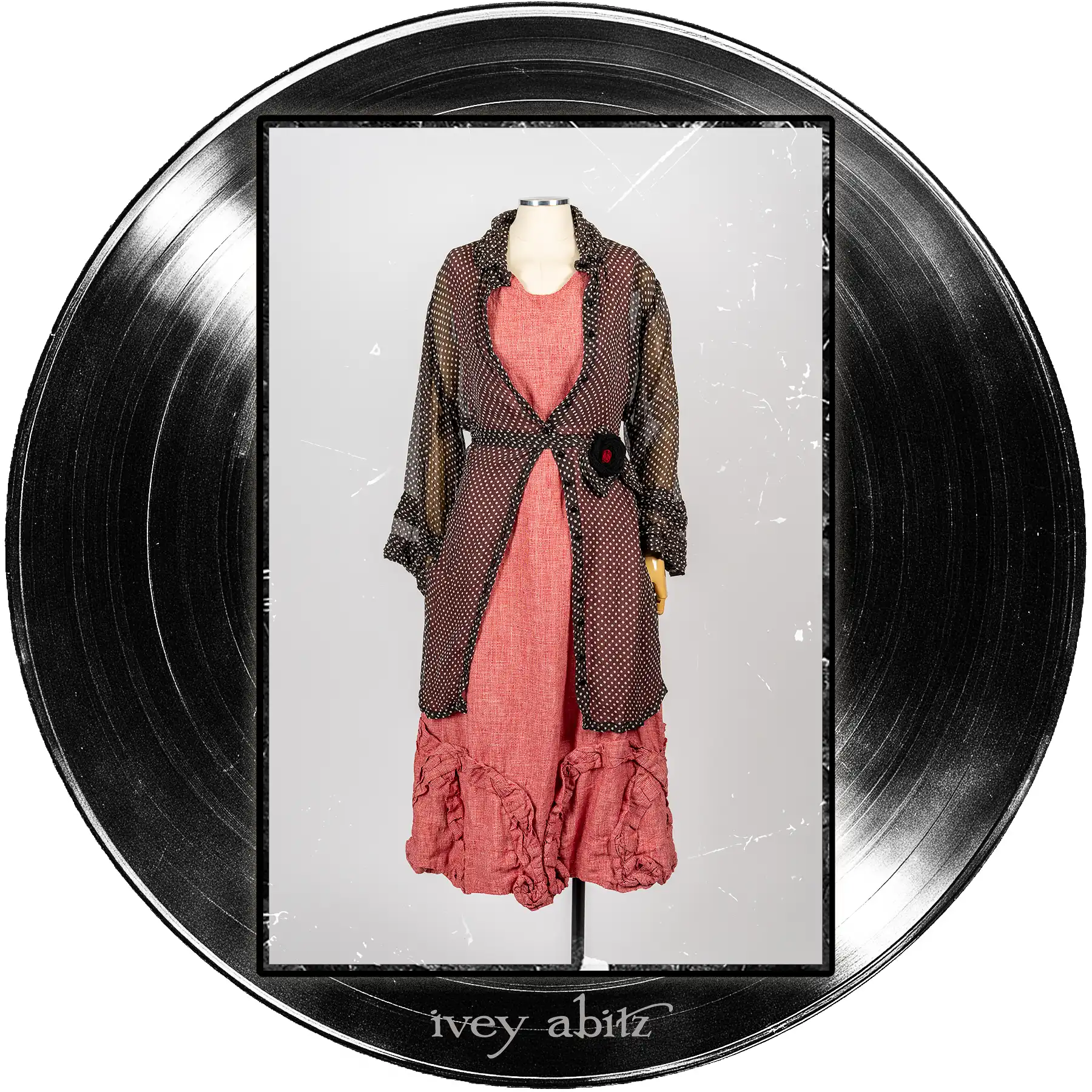 Nan Shirt Jacket in Microphone Dotted Silk Chiffon; Record Brooch; Bartholdi Frock in Center Label Speaker Weave.