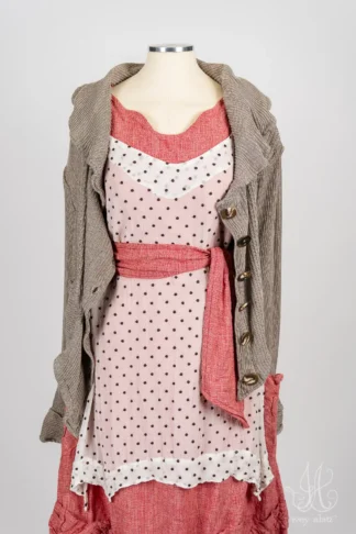 Jem Cardigan in Record Case Accordion Knit; Bedloe Frock in Record Case Embroidered Dot Silk Chiffon; Bartholdi Frock in Center Label Speaker Weave; Clotaire Sash in Center Label Speaker Weave.