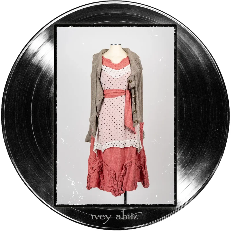 Jem Cardigan in Record Case Accordion Knit; Bedloe Frock in Record Case Embroidered Dot Silk Chiffon; Bartholdi Frock in Center Label Speaker Weave; Clotaire Sash in Center Label Speaker Weave.