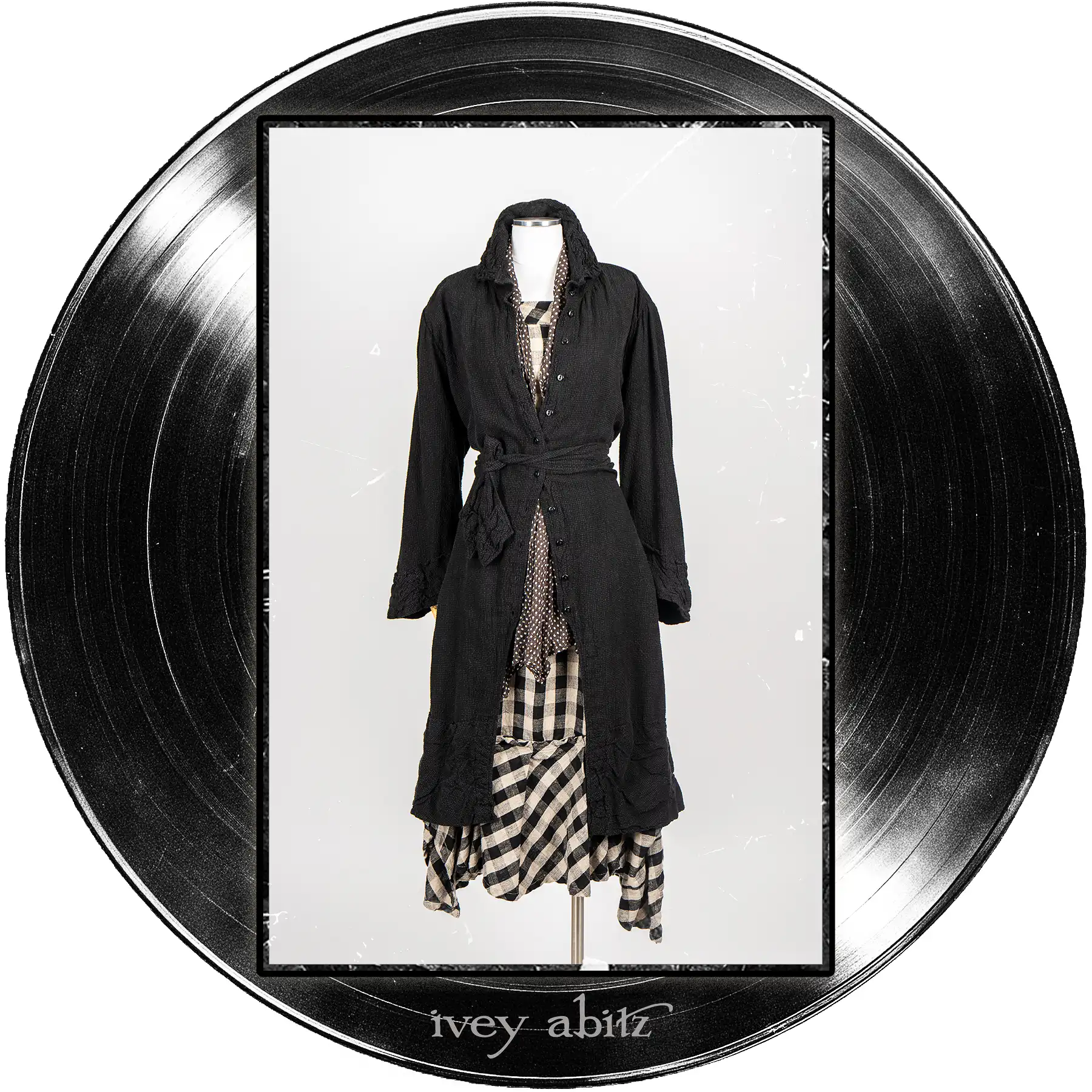 Nan Duster Coat in Quarter Note Washed Check Weave; Harbourhill Tie in Microphone Dotted Silk Chiffon; Morris Frock in Quarter Note and Half Note Plaid Weave.