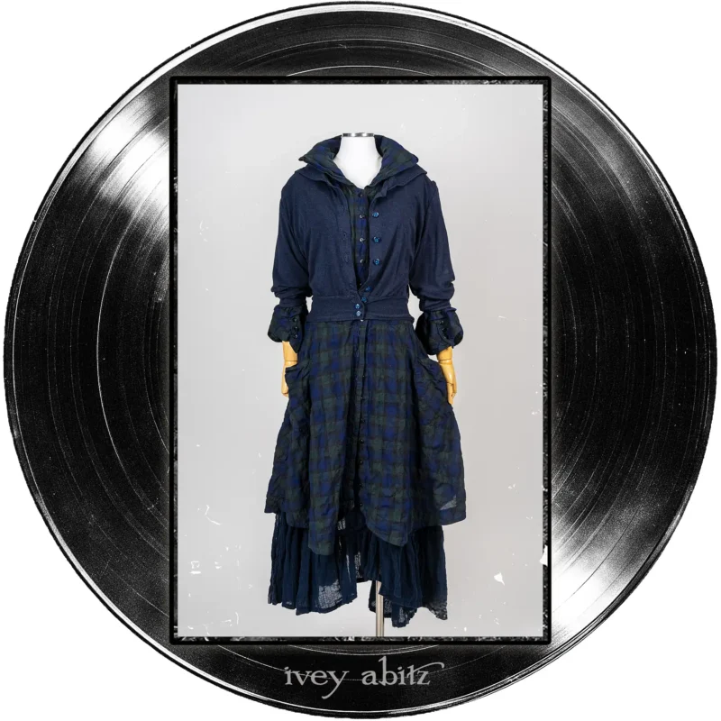 Pippi Cropped Jacket in Blue Note Heathered Knit; Pippi Coat Dress in Blue Note Plaid Voile; Pippi Frock in Blue Note Washed Crinkled Weave.