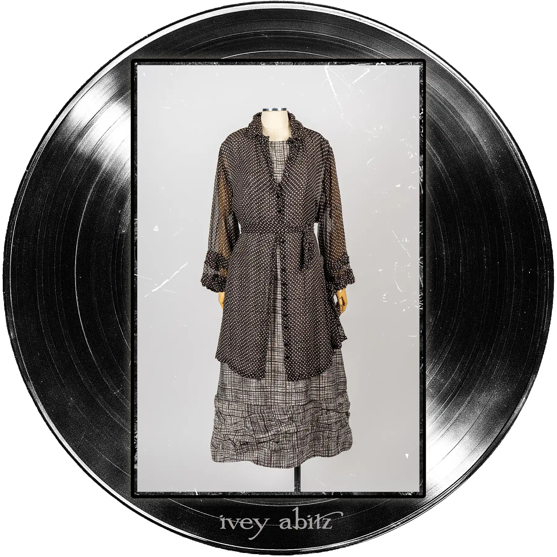 Nan Shirt Jacket in Microphone Dotted Silk Chiffon; Fitzgerald Frock in Microphone Striated Weave.