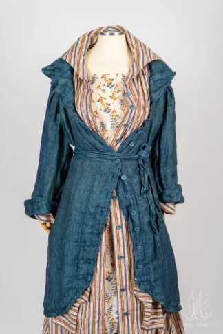 Arthur Hill Duster Coat in Far Beyond Forever Woven Weave; Camborne Dress in Far Beyond Forever Stripe; Roycroft Frock in Far Beyond Forever Floral Weave.