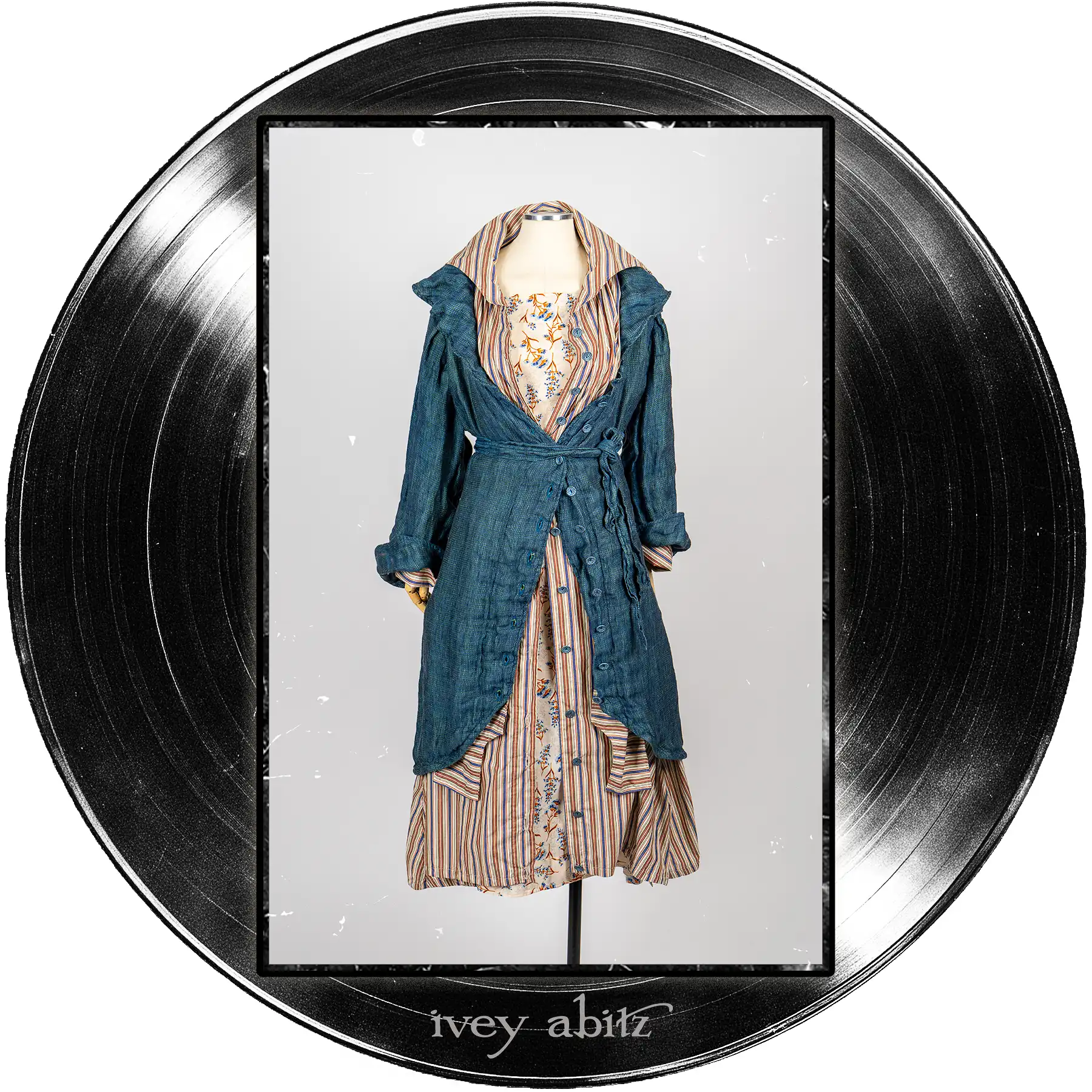 Arthur Hill Duster Coat in Far Beyond Forever Woven Weave; Camborne Dress in Far Beyond Forever Stripe; Roycroft Frock in Far Beyond Forever Floral Weave.