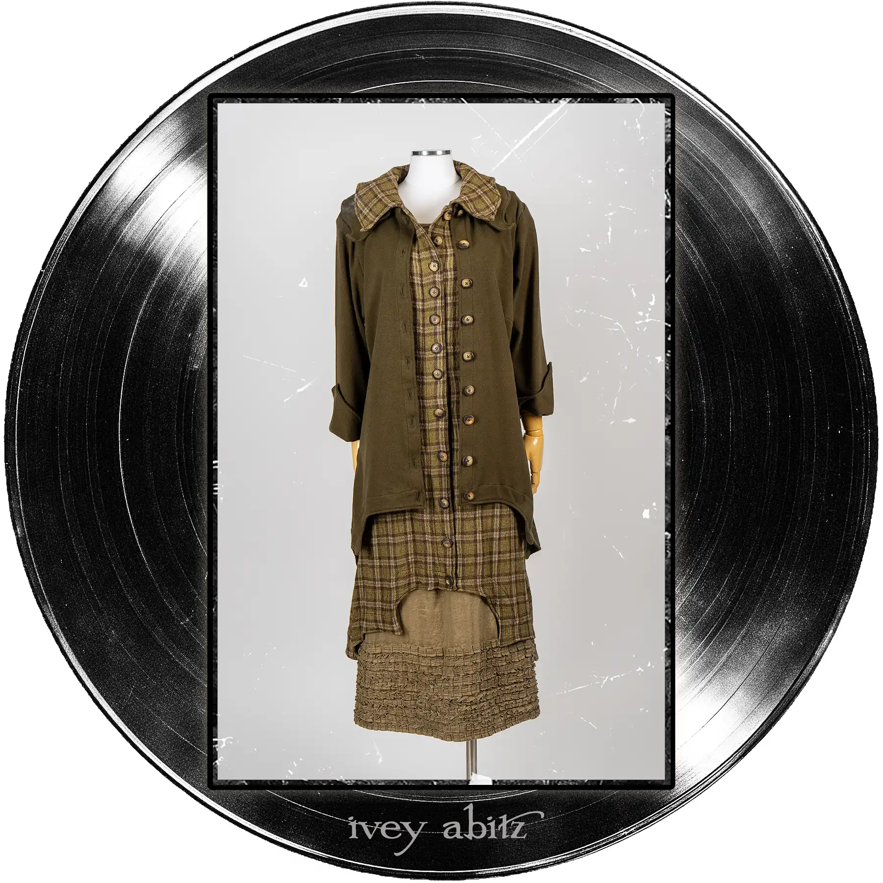 Chittister Shirt Jacket in Major Chord Coat Knit; Chittister Vest in Major Chord Washed Plaid Gauze; Cape Frock in Major Chord Washed Linen.