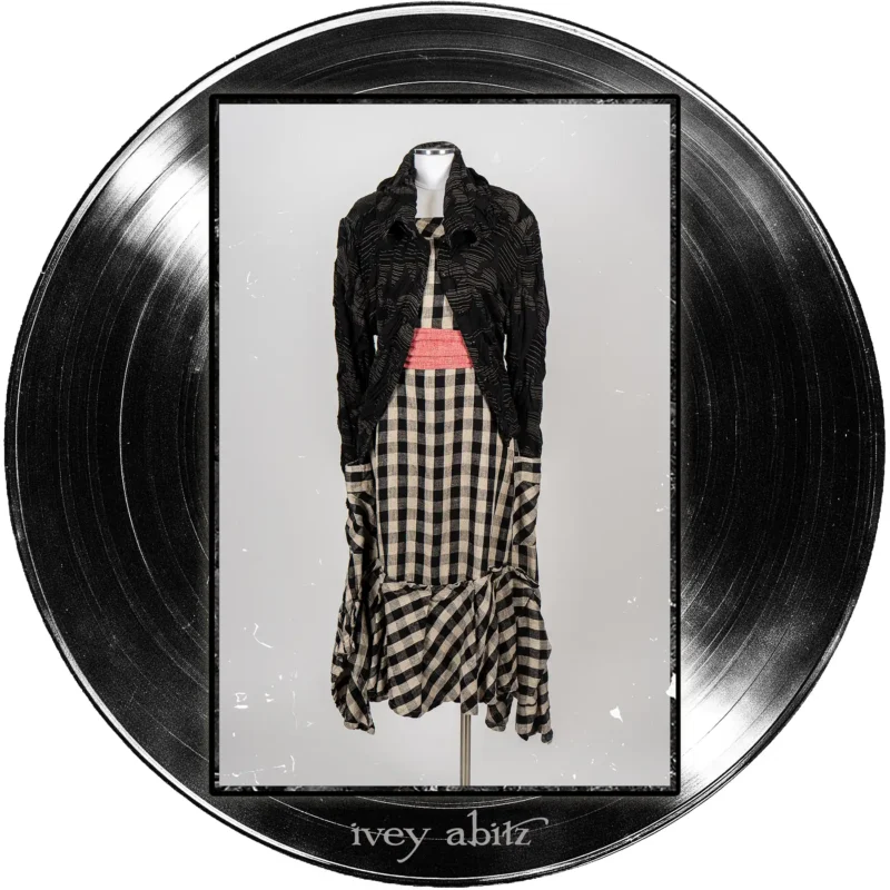 Roycroft Cardigan in Quarter Note and Half Note Puckered Knit; Morris Frock in Quarter Note and Half Note Plaid Weave; Clotaire Sash in Center Label Speaker Weave.
