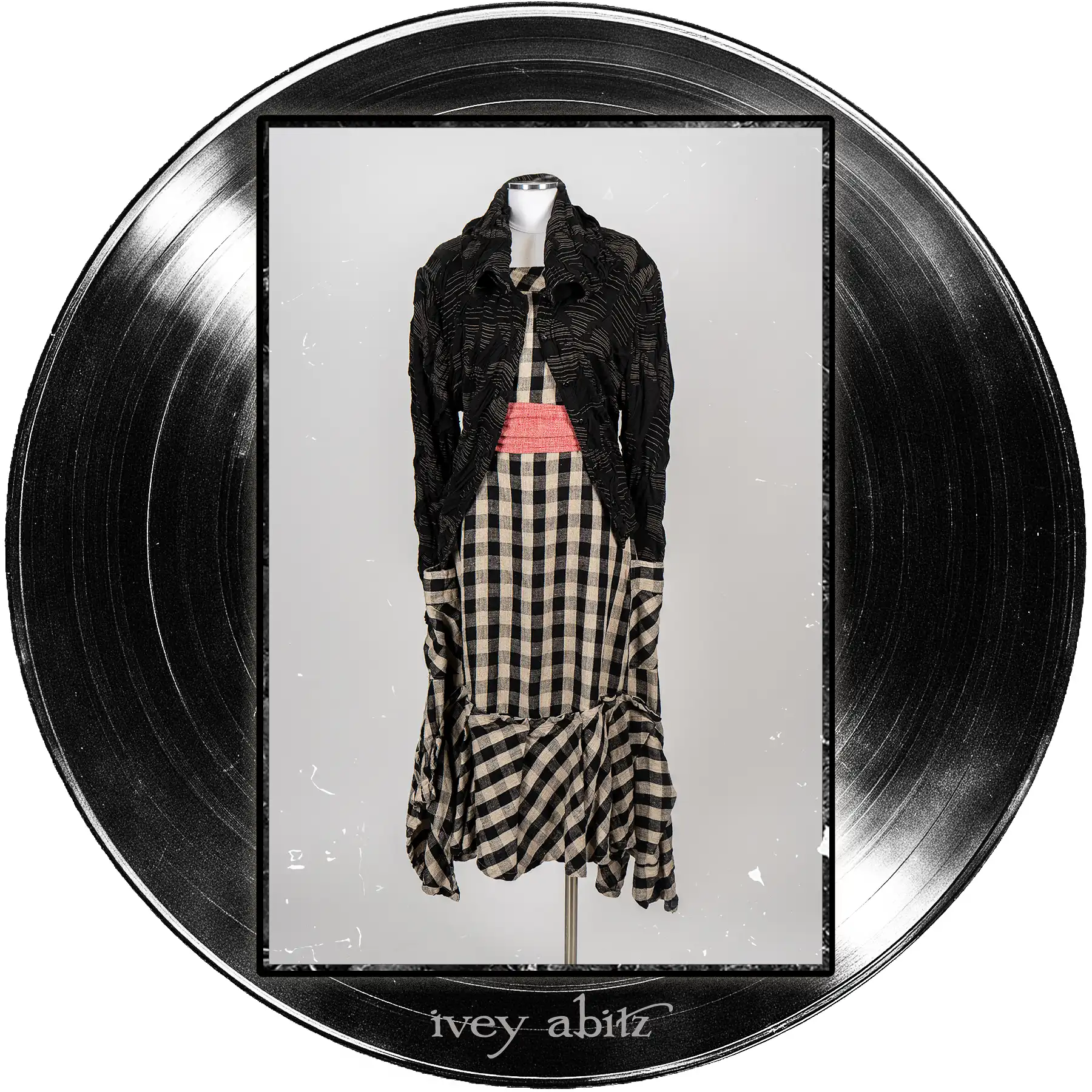 Roycroft Cardigan in Quarter Note and Half Note Puckered Knit; Morris Frock in Quarter Note and Half Note Plaid Weave; Clotaire Sash in Center Label Speaker Weave.