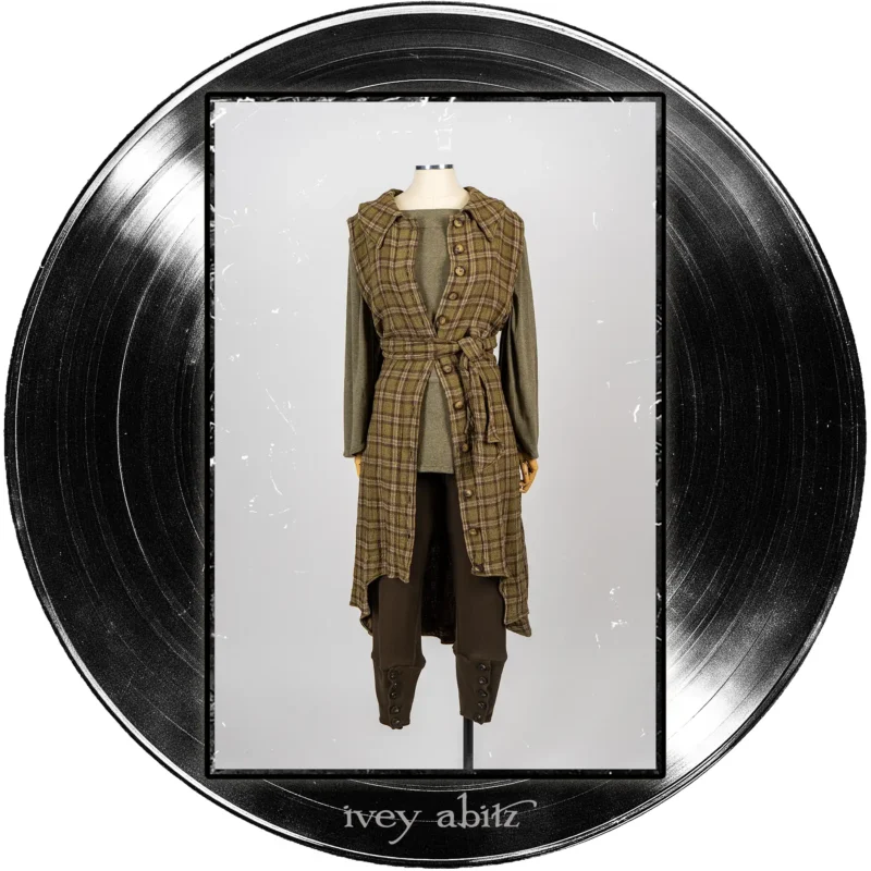 Chittister Frock in Major Chord Washed Plaid Gauze; Cossart Top in Major Chord Heathered Knit; Pierrepont Leggings Breeches in Major Chord Ponte Knit.