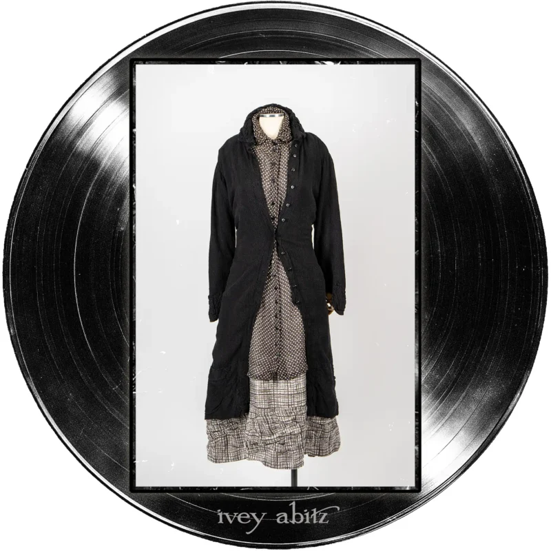 Nan Duster Coat in Quarter Note Washed Check Weave; Nan Shirt Jacket in Microphone Dotted Silk Chiffon; Fitzgerald Frock in Microphone Striated Weave.