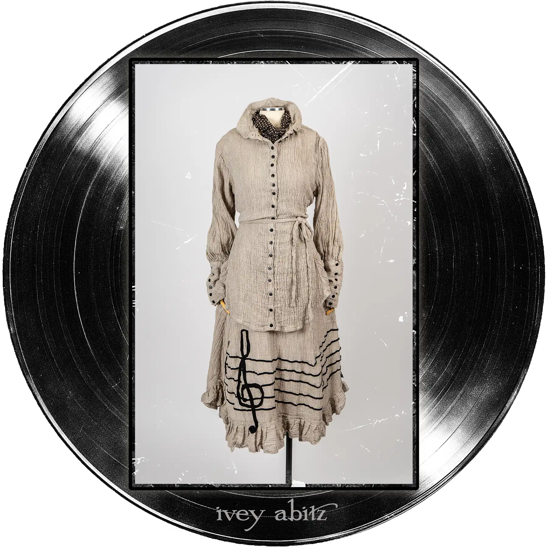 Coulson Shirt in Half Note Washed Crinkled Weave; Treble Frock in Half Note Washed Crinkled Weave; Harbourhill Tie in Microphone Dotted Silk Chiffon.