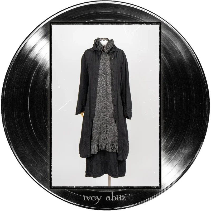 Nan Duster Coat in Quarter Note Washed Check Weave; Tilbrook Duster Coat in Quarter Note Piccolo Fiore Voile; Bertie Frock in Quarter Note Washed Check Weave; Harbourhill Tie in Microphone Dotted Silk Chiffon.