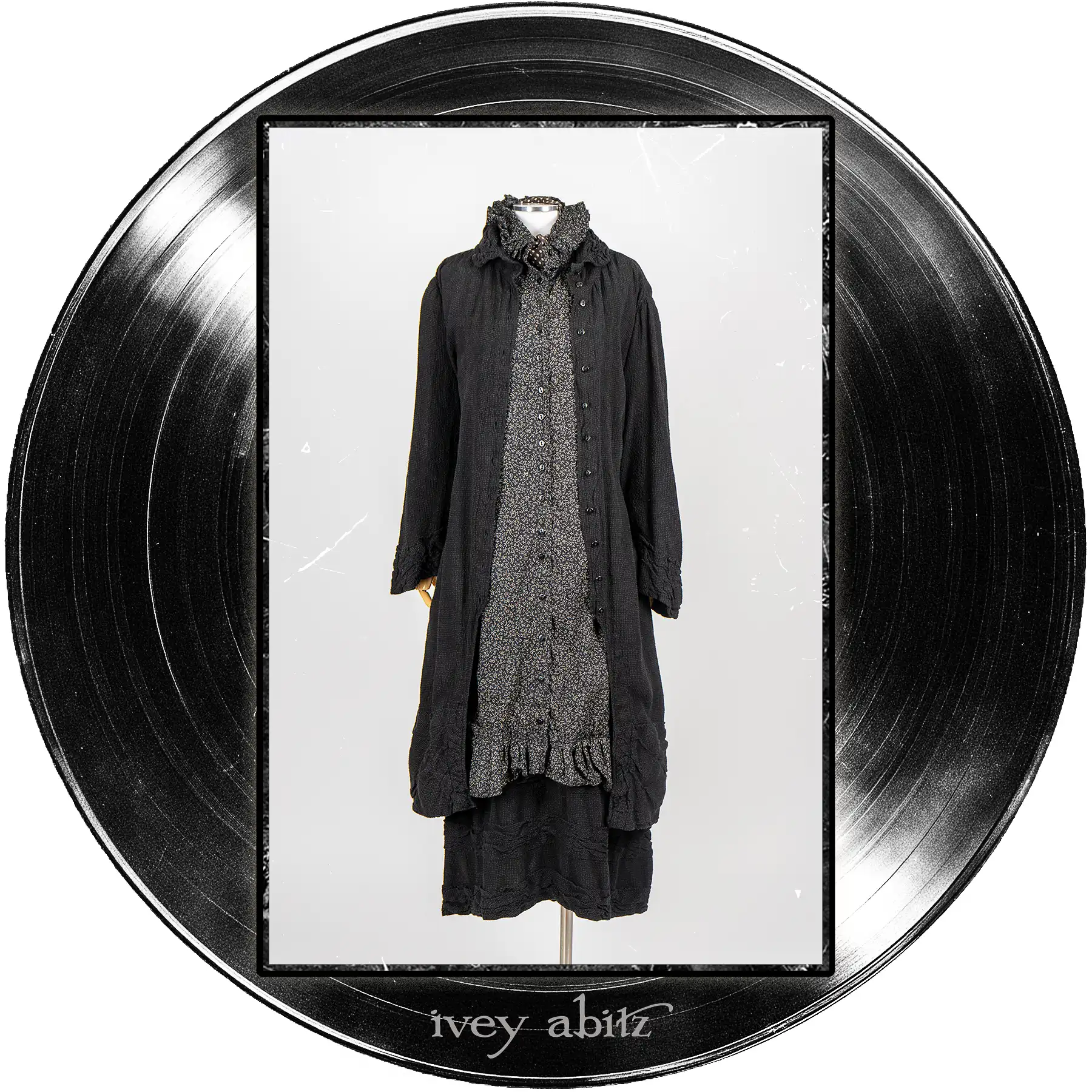 Nan Duster Coat in Quarter Note Washed Check Weave; Tilbrook Duster Coat in Quarter Note Piccolo Fiore Voile; Bertie Frock in Quarter Note Washed Check Weave; Harbourhill Tie in Microphone Dotted Silk Chiffon.