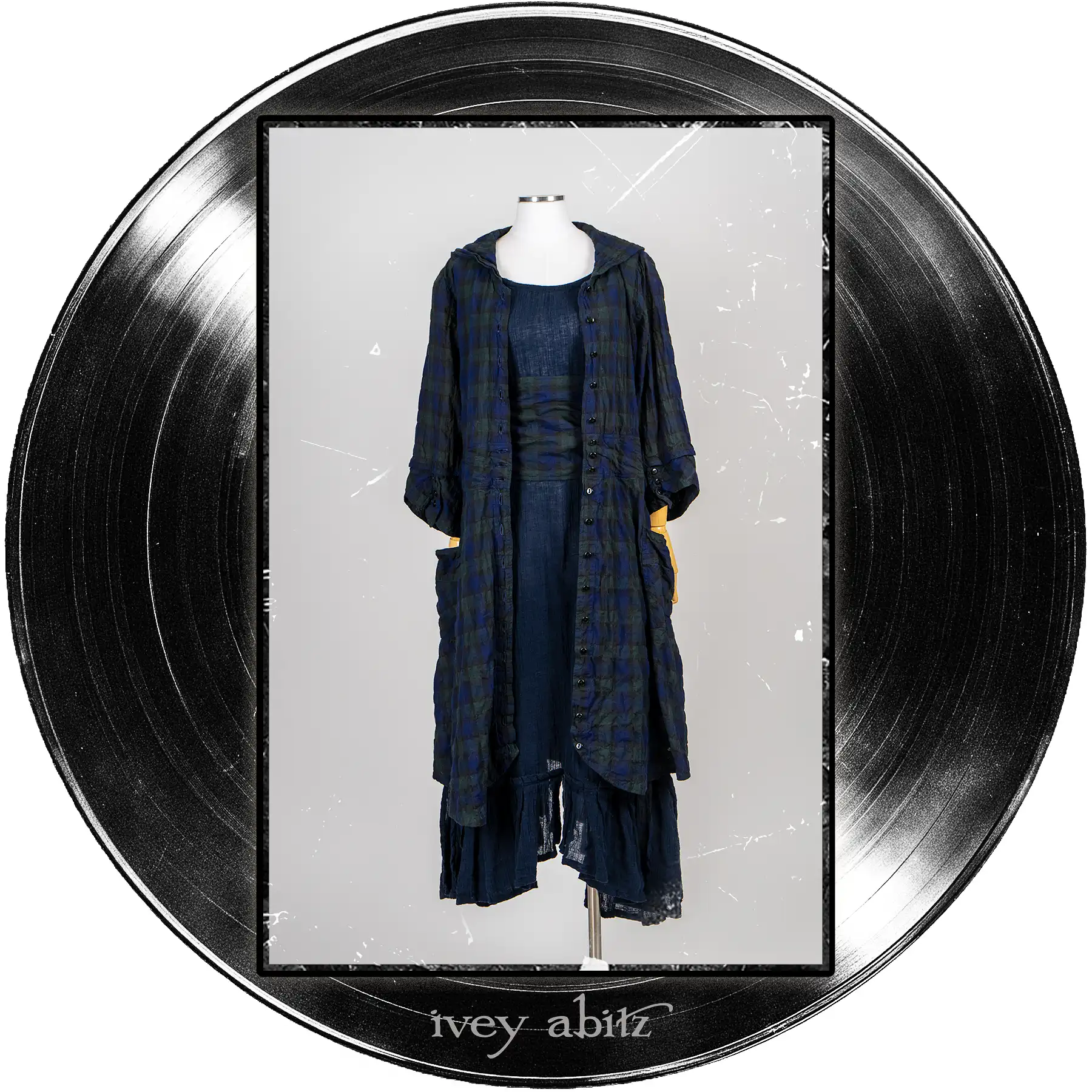 Pippi Coat Dress in Blue Note Plaid Voile; Pippi Sash in Blue Note Plaid Voile; Pippi Frock in Blue Note Washed Crinkled Weave.