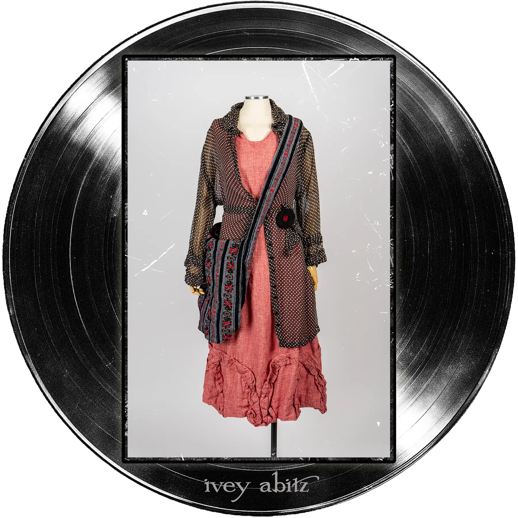 Nan Shirt Jacket in Microphone Dotted Silk Chiffon; Record Brooch; Ananda Bag in Center Label Floral Chenille Brocade; Bartholdi Frock in Center Label Speaker Weave.