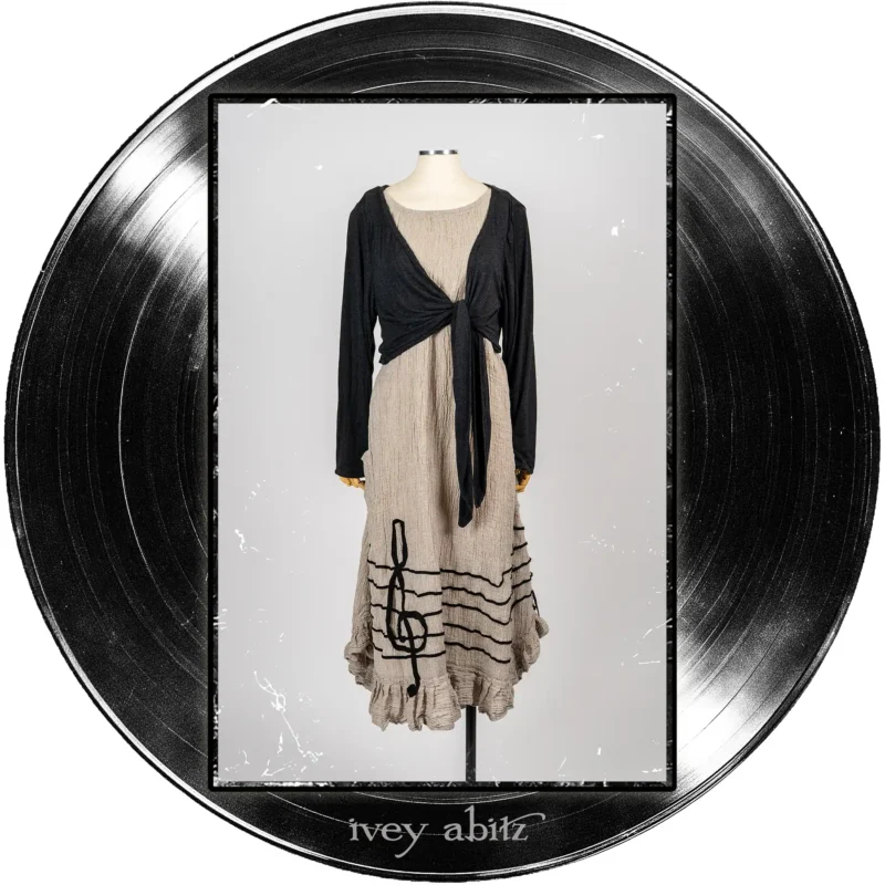 Wright Cardigan in Microphone Soft and Wispy Knit; Treble Frock in Half Note Washed Crinkled Weave.