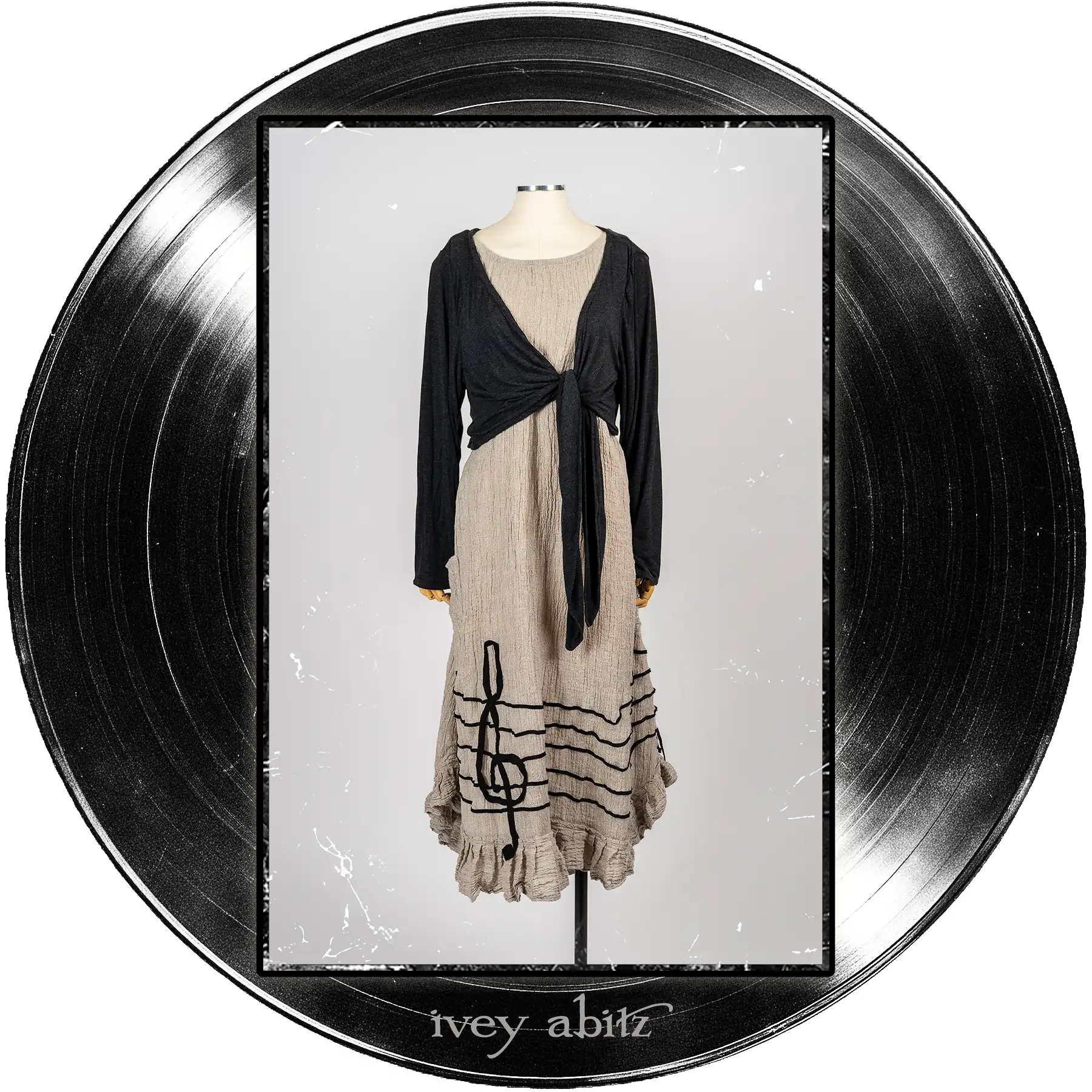 Wright Cardigan in Microphone Soft and Wispy Knit; Treble Frock in Half Note Washed Crinkled Weave.