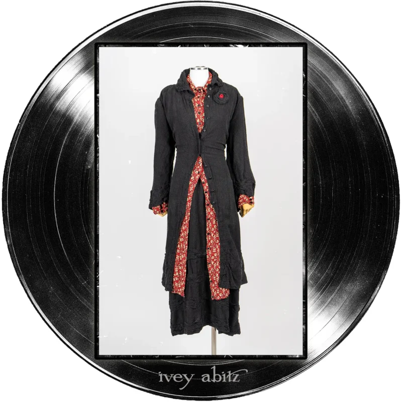 Nan Duster Coat in Quarter Note Washed Check Weave; Coulson Coat Dress in Center Label Floral Silk Chiffon; Bertie Frock in Quarter Note Washed Check Weave; Record Brooch.