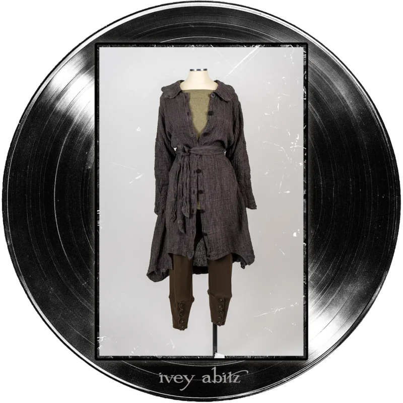 Chittister Duster Coat in Microphone and Record Case Washed Crinkled Weave; Cossart Top in Major Chord Heathered Knit; Pierrepont Leggings Breeches in Major Chord Softest Ponte Knit.