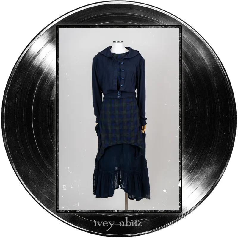 Pippi Cropped Jacket in Blue Note Heathered Knit; Faudray Overlay in Blue Note Plaid Voile; Pippi Frock in Blue Note Washed Crinkled Weave.