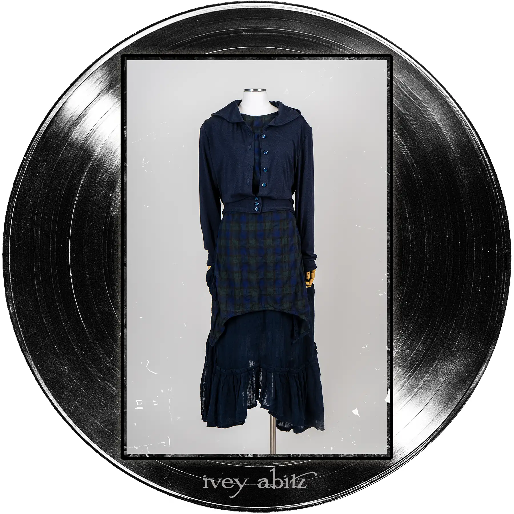 Pippi Cropped Jacket in Blue Note Heathered Knit; Faudray Overlay in Blue Note Plaid Voile; Pippi Frock in Blue Note Washed Crinkled Weave.